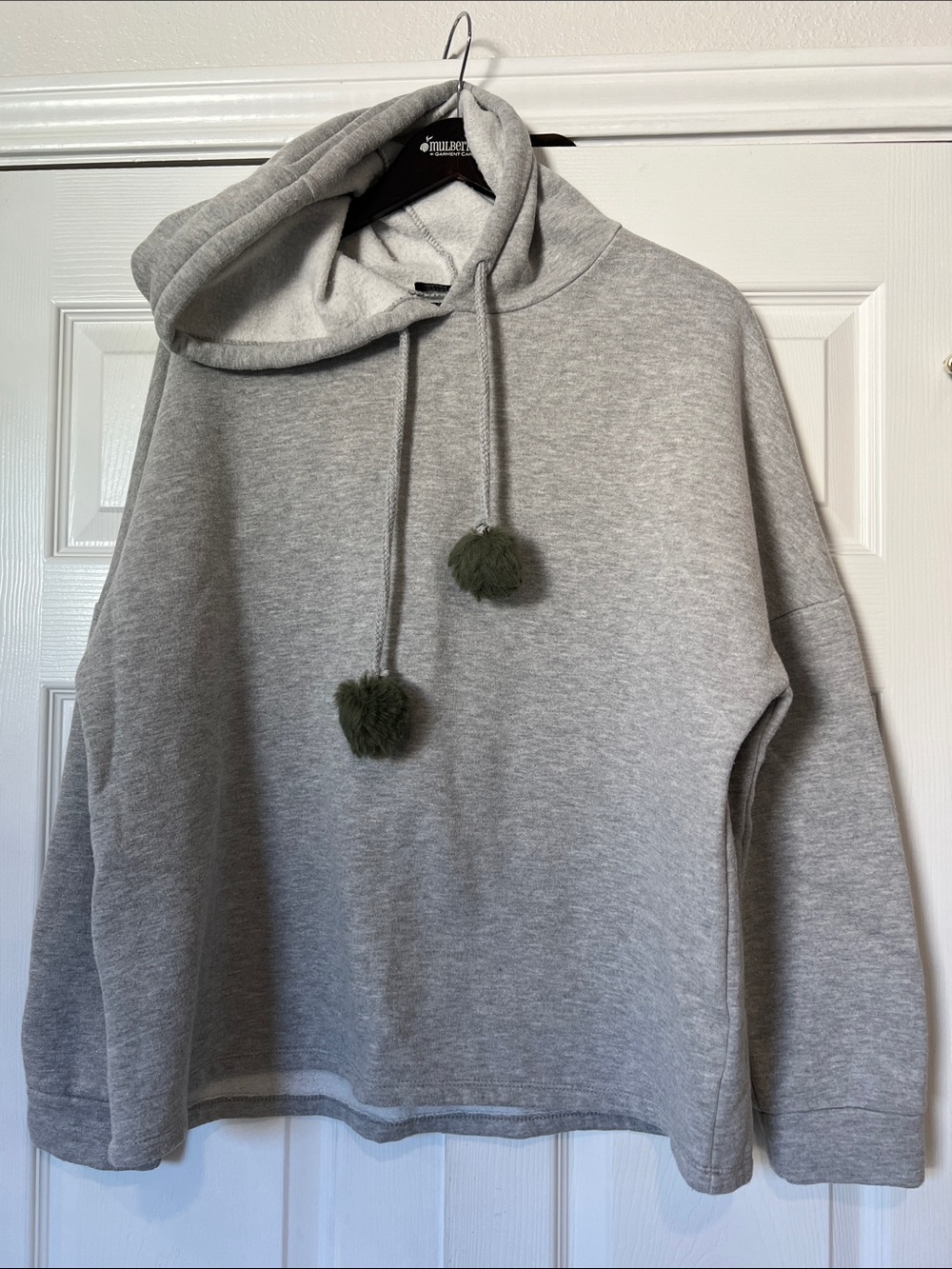 Catherine malandrino Heather grey hooded sweatshirt with faux fur poms. Size L